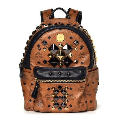 MCM Visetos Studded Colorblock Small Stark Brock Backpack Cognac Black 1 of 4