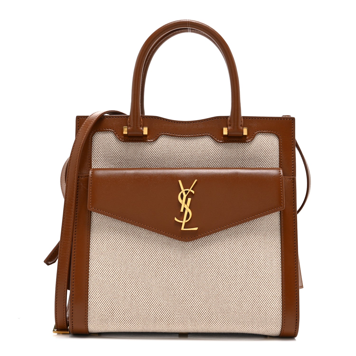 Saint Laurent Canvas Calfskin Small Uptown Tote Brown 1 of 10
