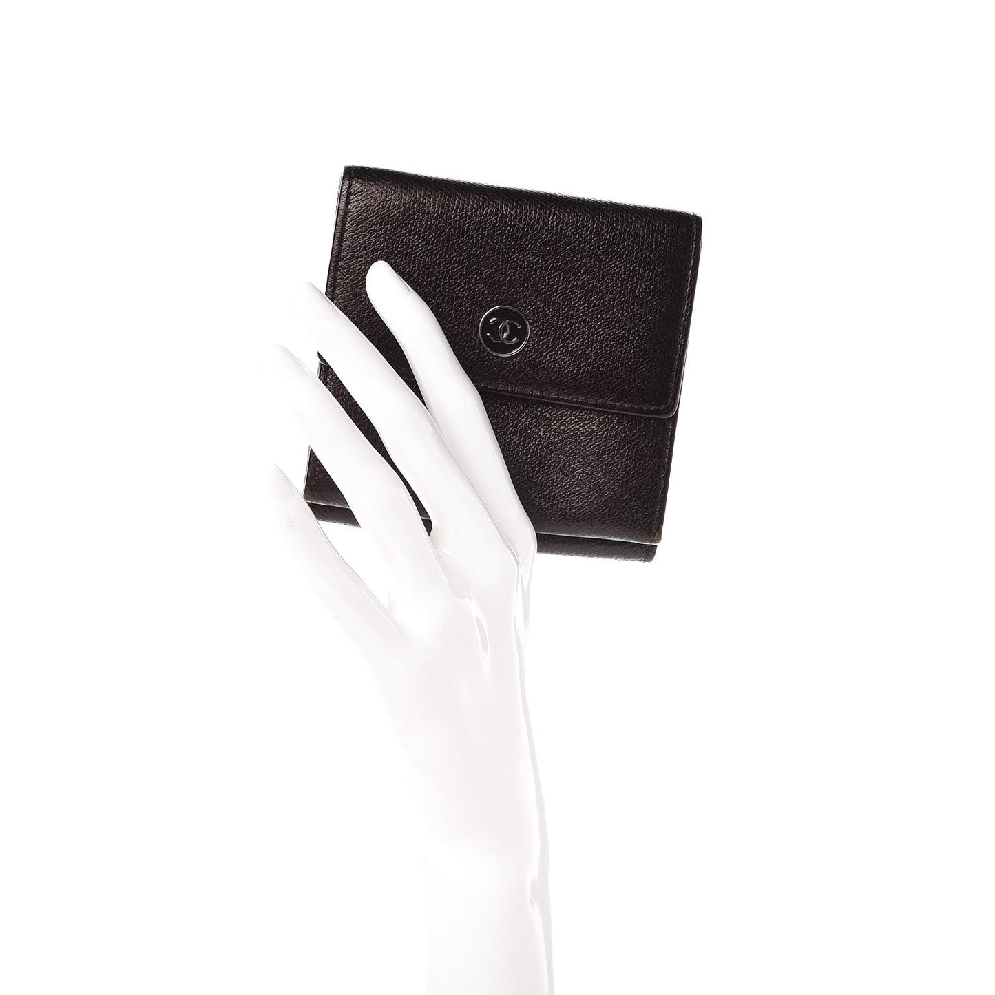Grained Calfskin CC Button Compact Wallet Dark Brown