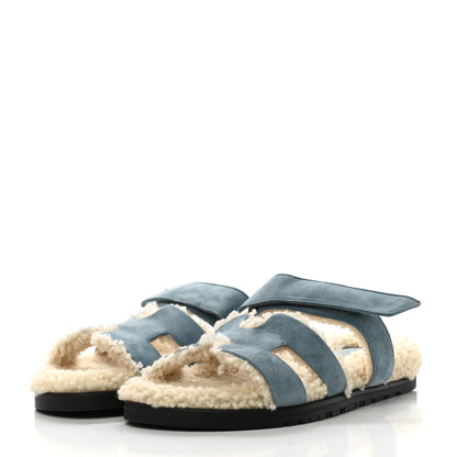 Hermes Suede Goatskin Woolskin Womens Chypre Sandals 38.5 Bleu Pinede Ecru 3 of 8