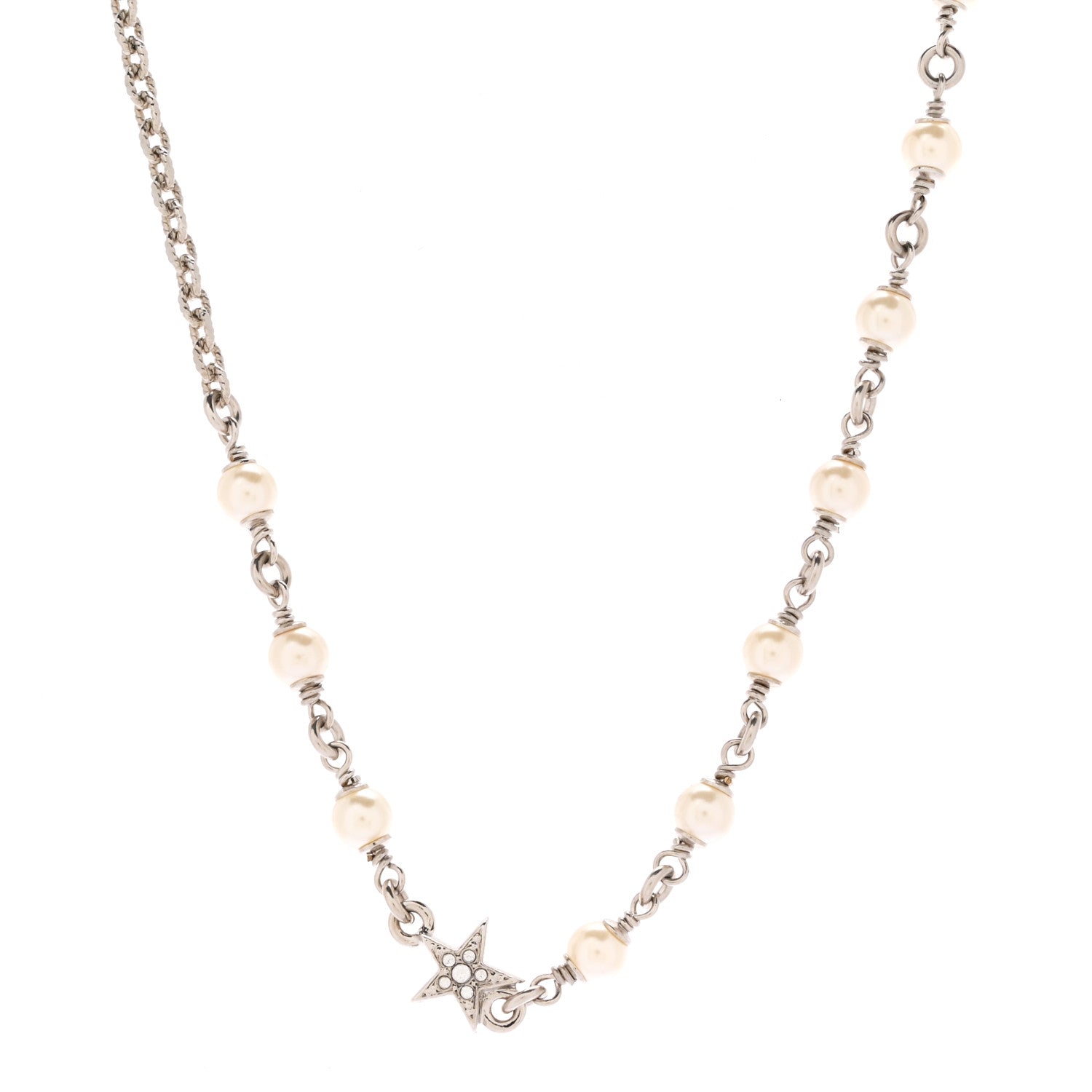 Chanel Crystal Pearl CC Star Necklace Silver 4 of 7