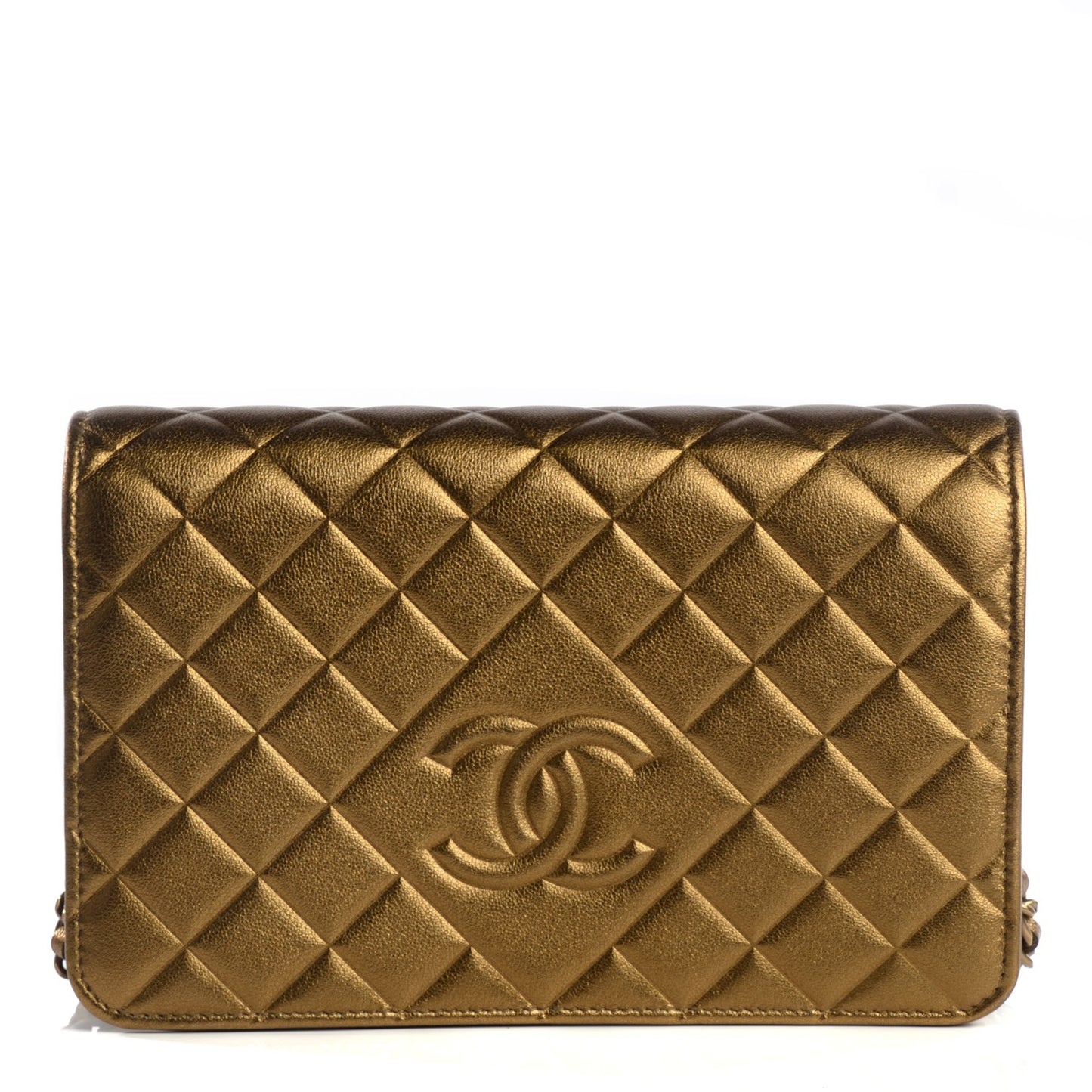 Metallic Lambskin Quilted Diamond CC Wallet On Chain WOC Bronze