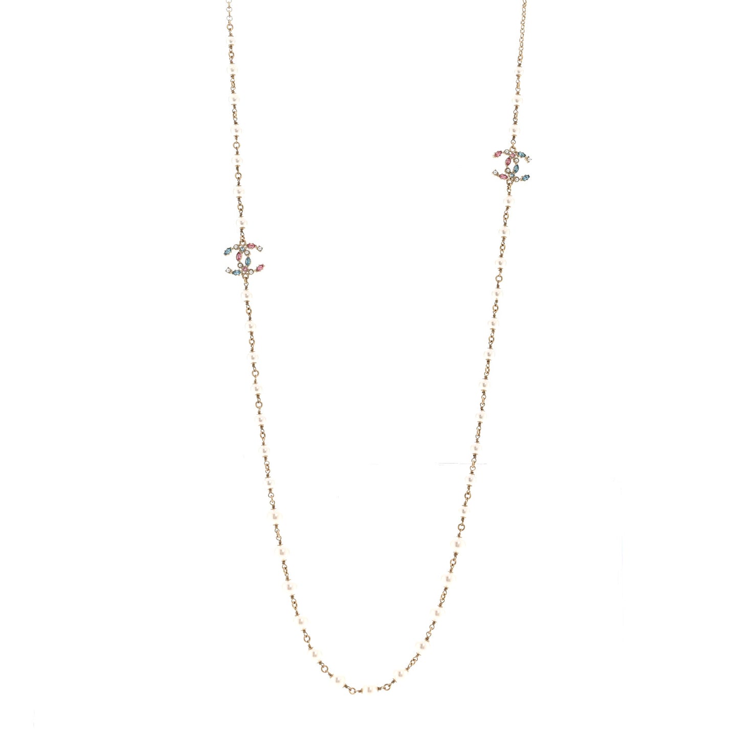 Pearl Crystal CC Long Necklace Gold Multicolor