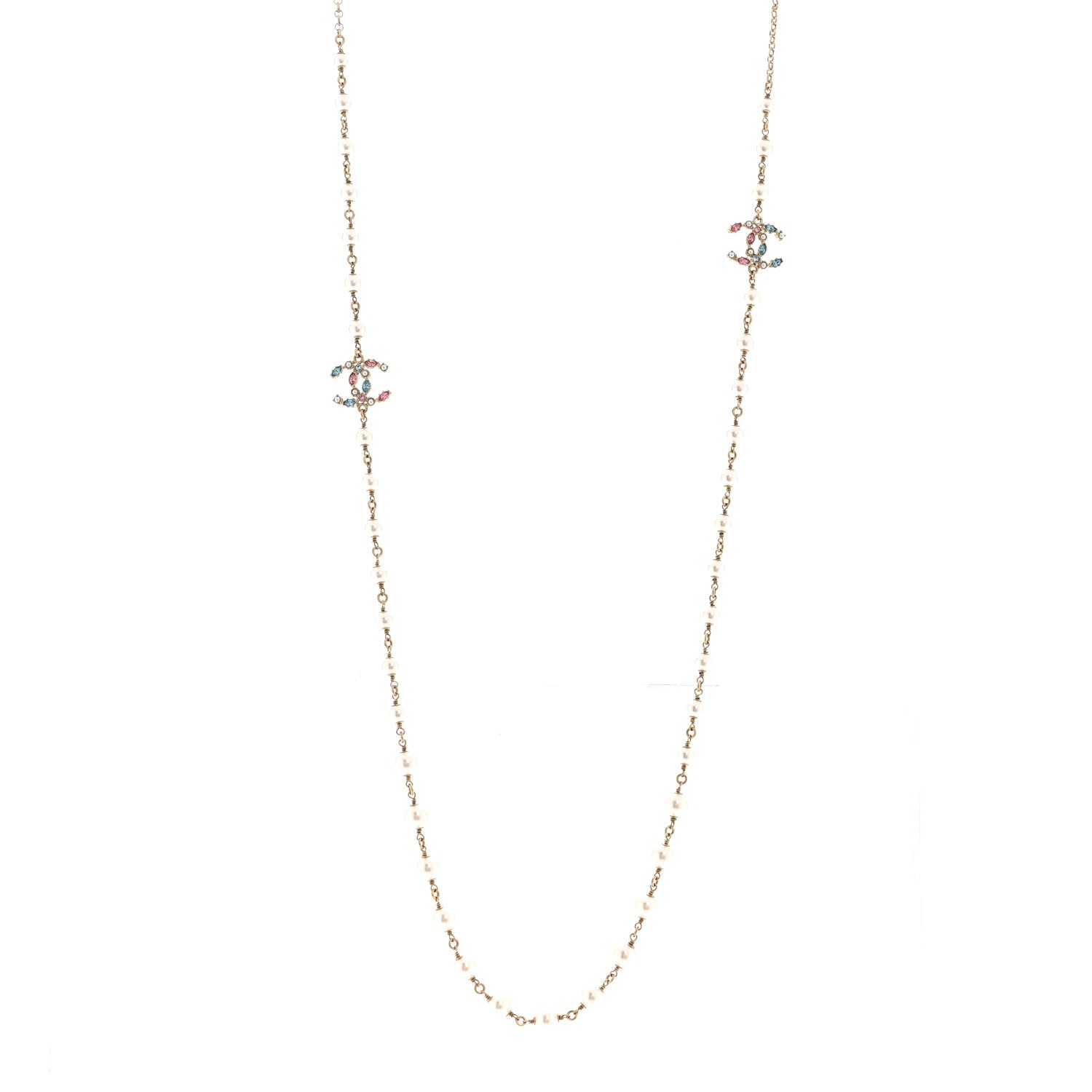 Chanel Pearl Crystal CC Long Necklace Gold Multicolor 1 of 6