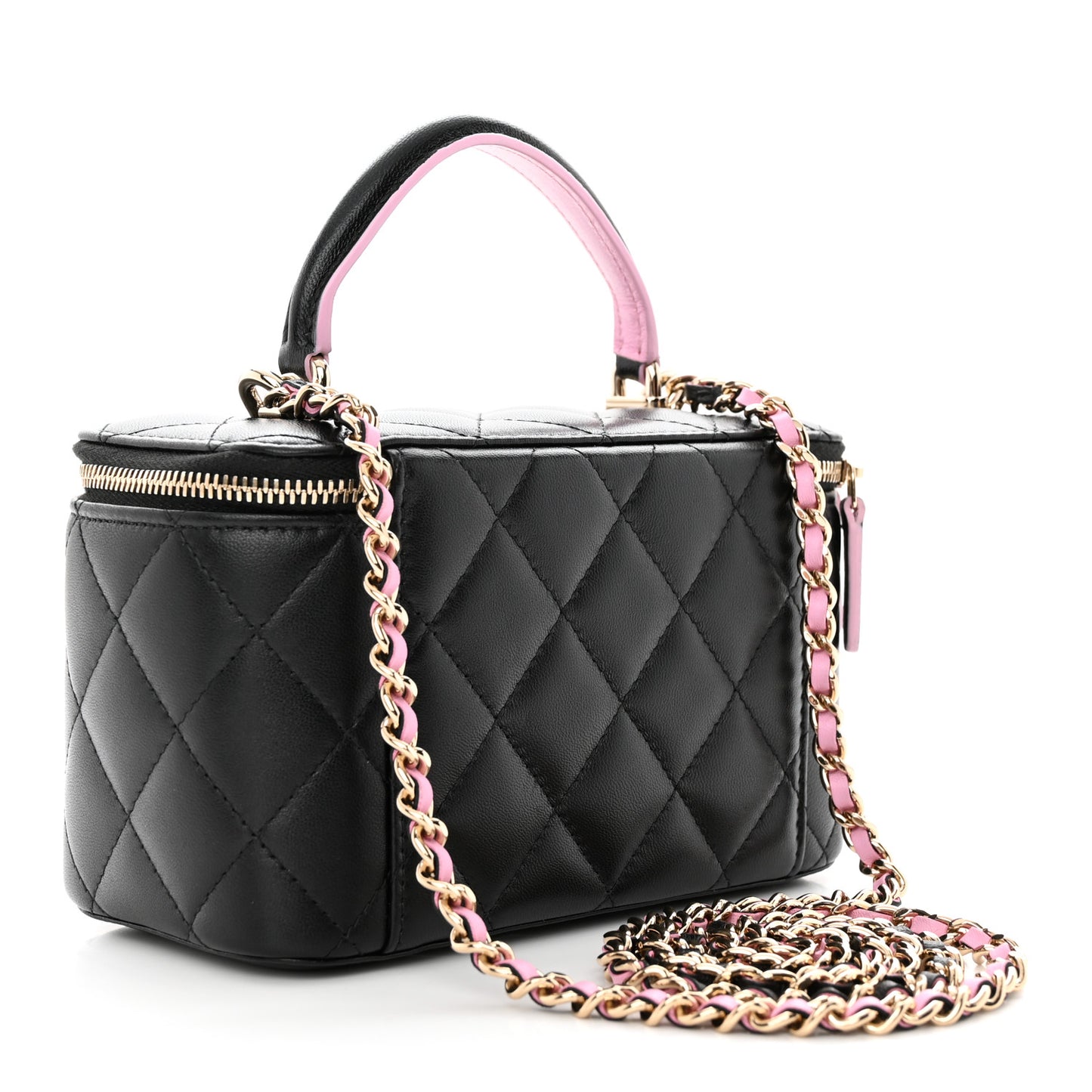 Lambskin Quilted Small Top Handle Vanity Case With Chain Black Lilac