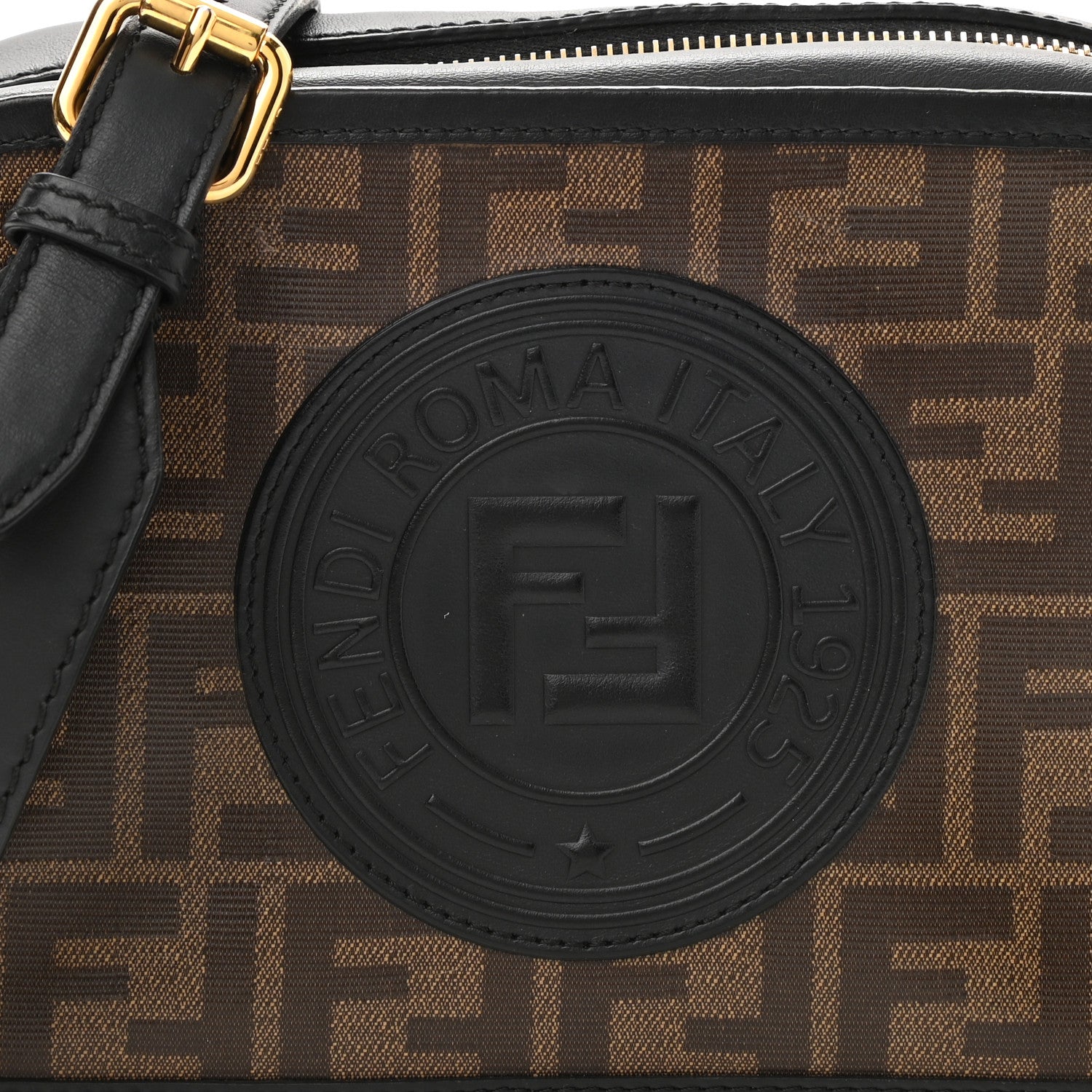 Fendi Glazed Fabric Vitello Century F is Fendi FF 1974 Stamp Patch Camera Case Mogano Panna Black 9 of 11