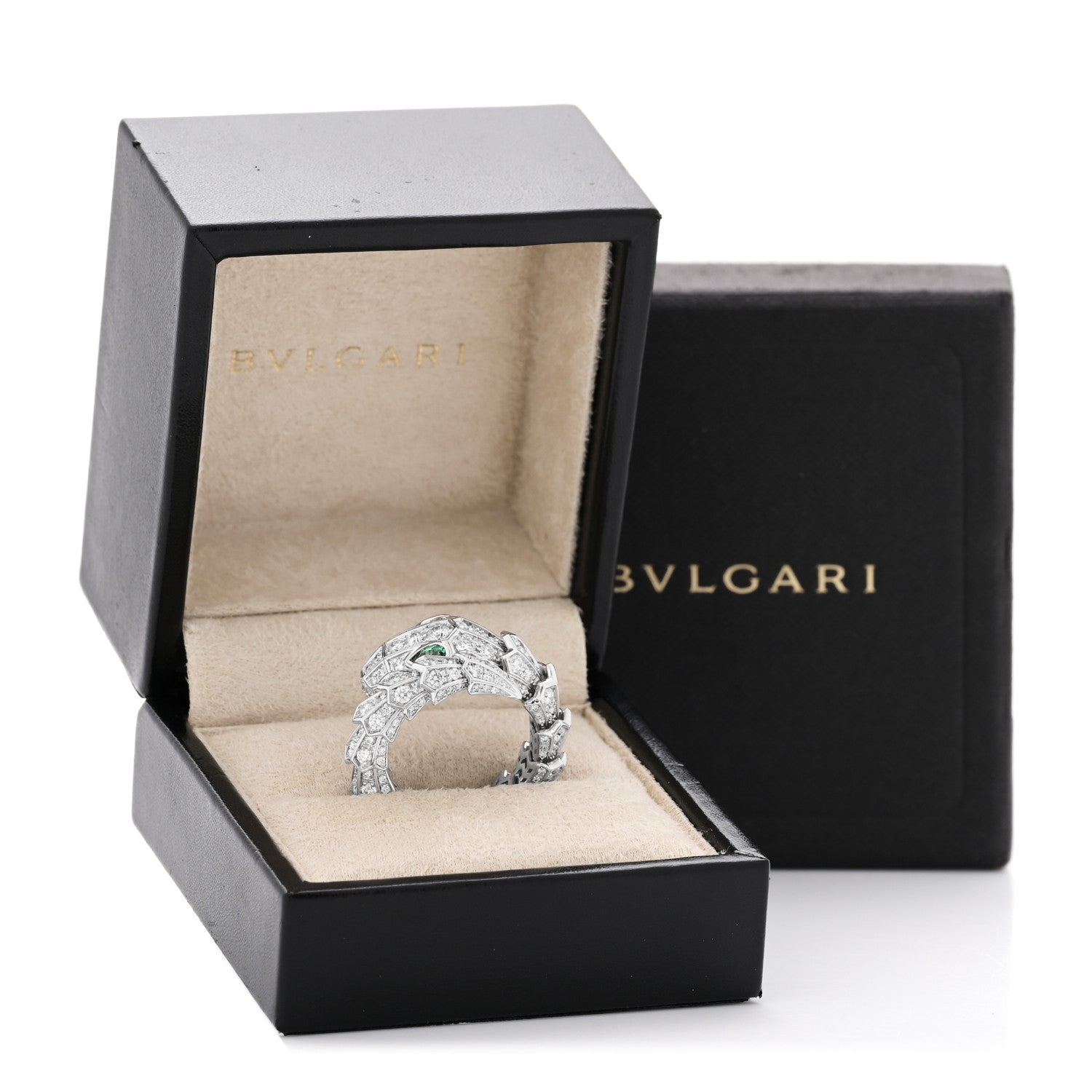 Bulgari 18K White Gold Diamond Emerald Serpenti Pave Ring S 6 of 6