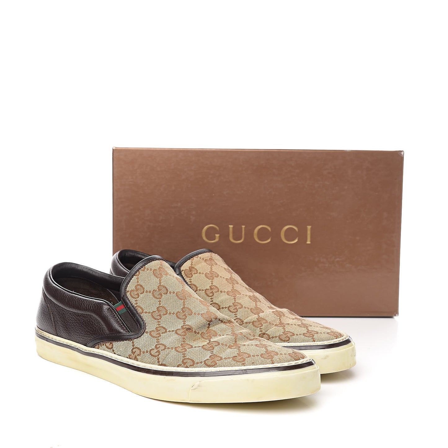 Monogram Calfskin Mens Web Slip On Sneakers 13 Chocolate