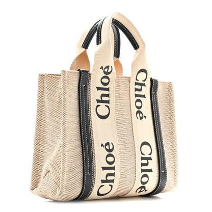 Chloe Linen Calfskin Small Woody Ribbon Tote White Black 3 of 14