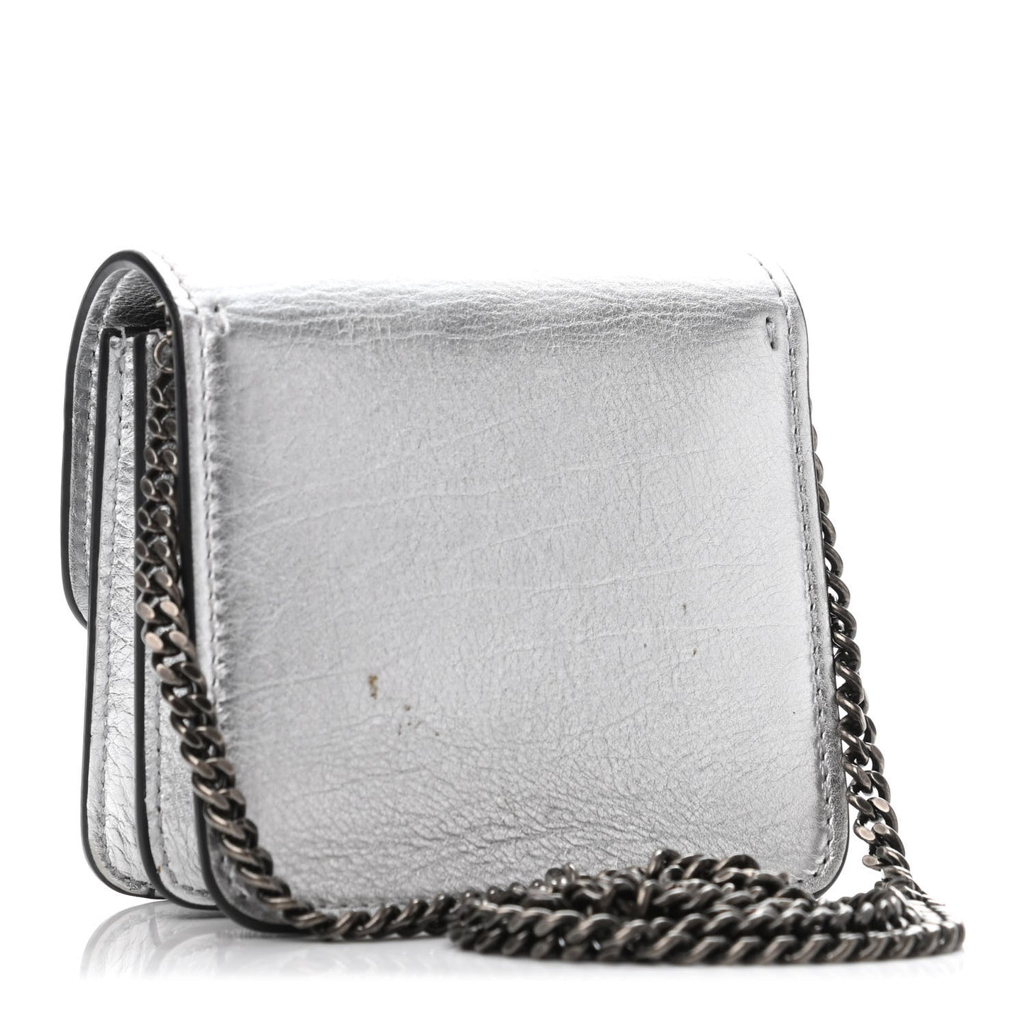Metallic Calfskin Vlogo Compact Wallet with Chain Silver