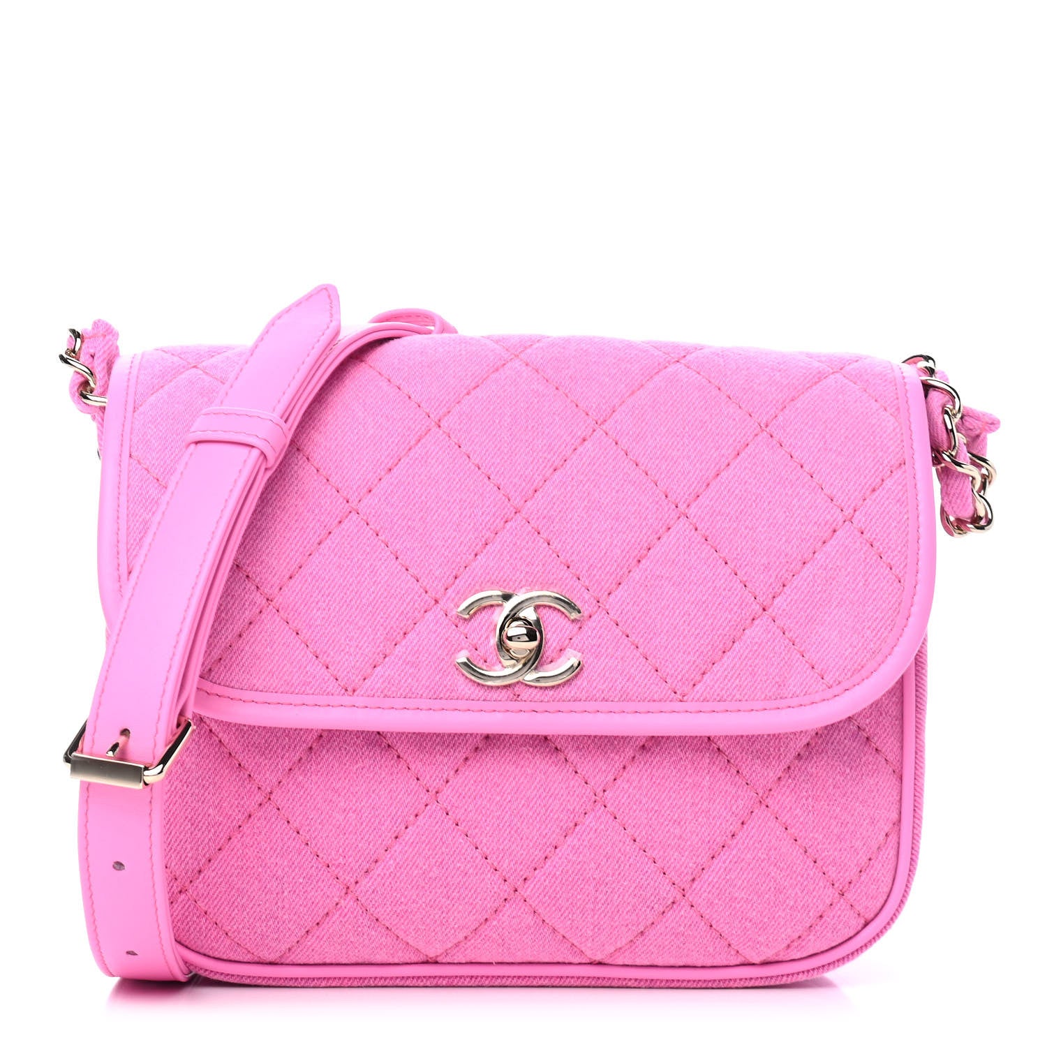Chanel Denim Quilted Small Messenger Flap Neon Pink 1 of 5