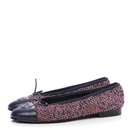 Chanel Tweed Lambskin Cap Toe Ballerina Flats 40 Navy Red 3 of 8