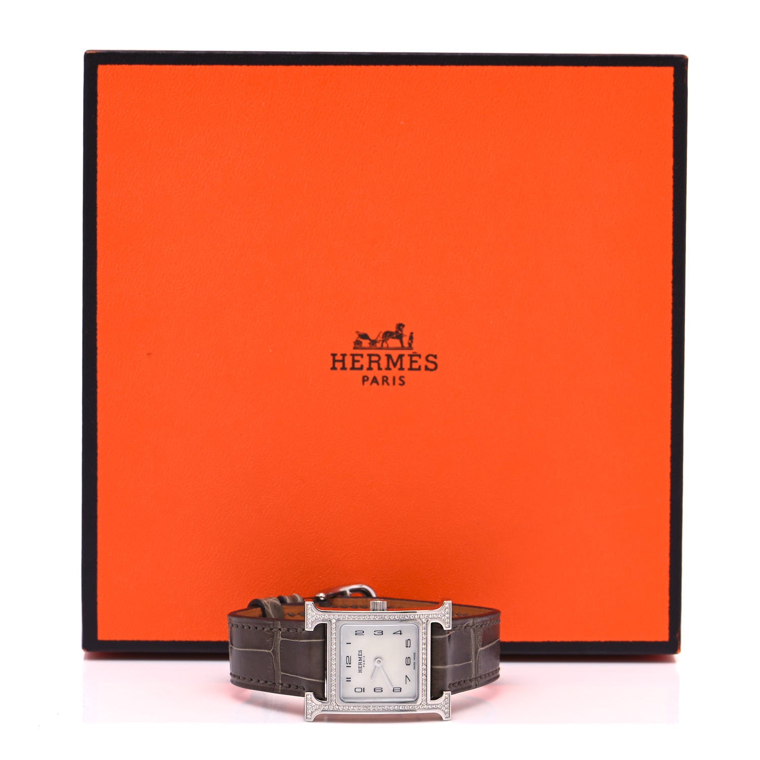 Hermes Stainless Steel Alligator Diamond Bezel Mother of Pearl 21mm Heure H Hour Quartz Watch Gris Elephant 5 of 5