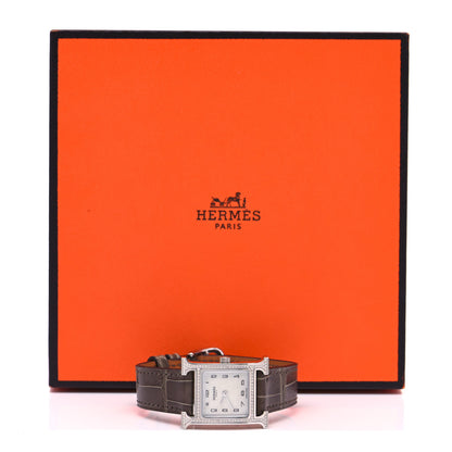 Hermes Stainless Steel Alligator Diamond Bezel Mother of Pearl 21mm Heure H Hour Quartz Watch Gris Elephant 5 of 5
