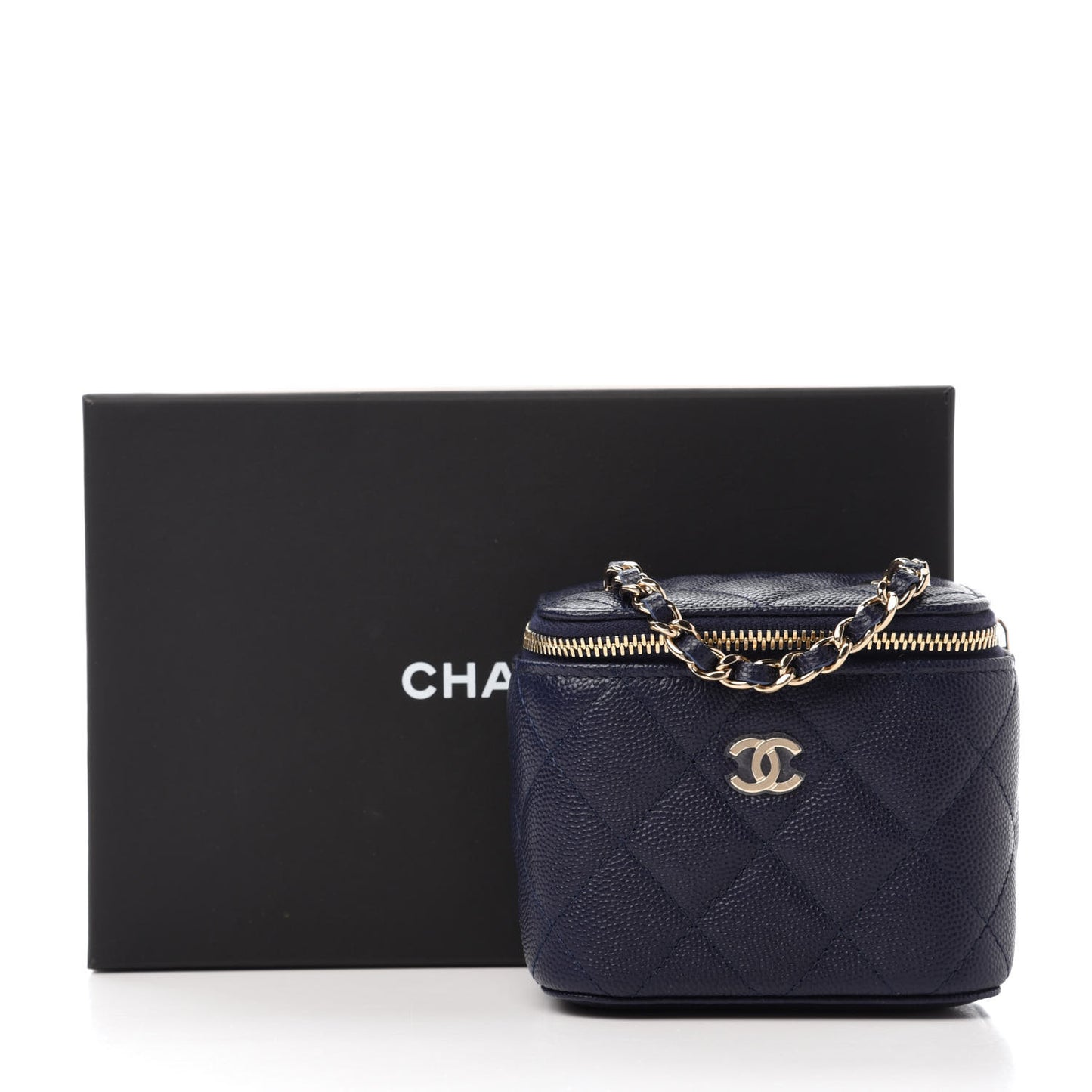 Caviar Quilted Mini Vanity Case With Chain Navy