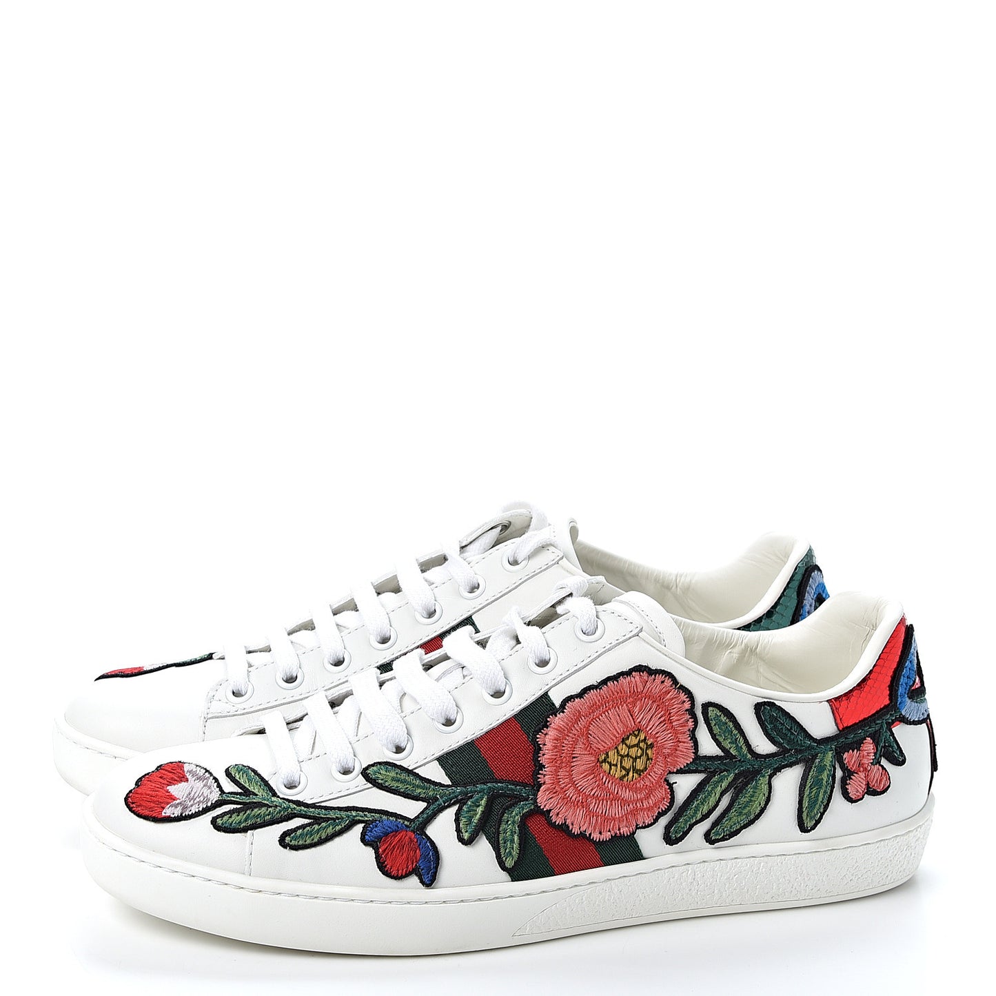 Calfskin Web Floral Embroidered Womens Ace Sneakers 39 White