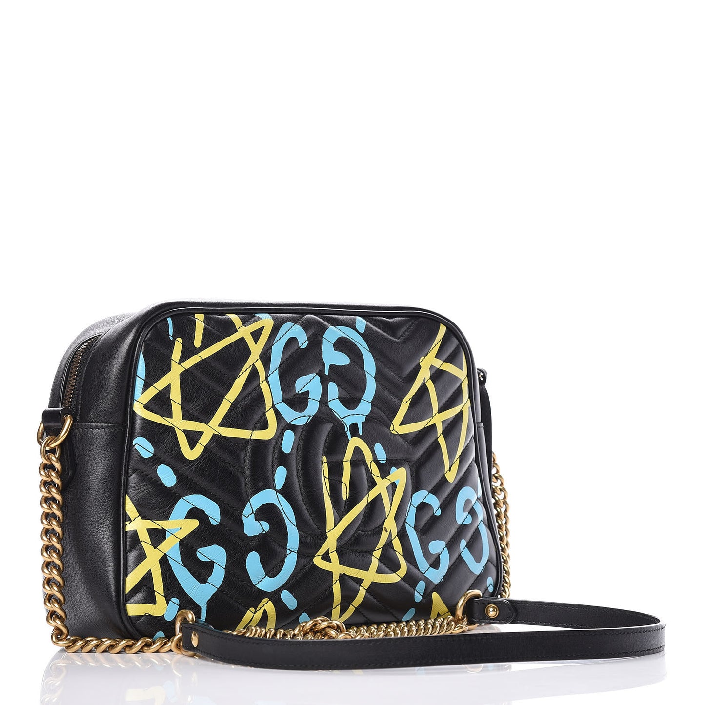Calfskin Matelasse GucciGhost Medium GG Marmont Chain Shoulder Bag Black New Acquamarine