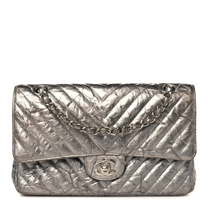 Chanel Metallic Patent Crumpled Calfskin Chevron Quilted Medium Double Flap Silver 1 of 13