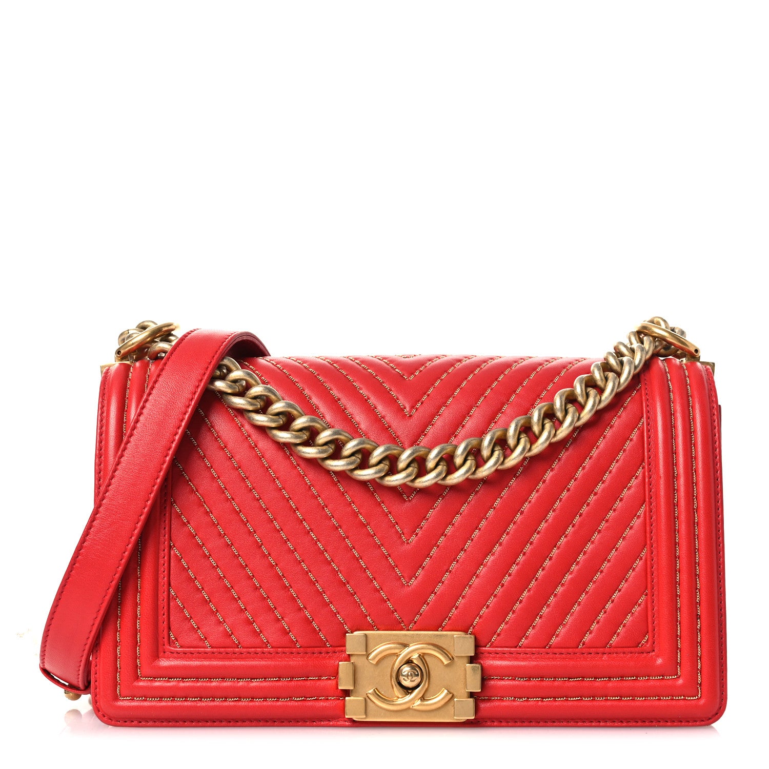 Chanel Lambskin Chevron Chain Stitched Medium Boy Flap Red 1 of 12