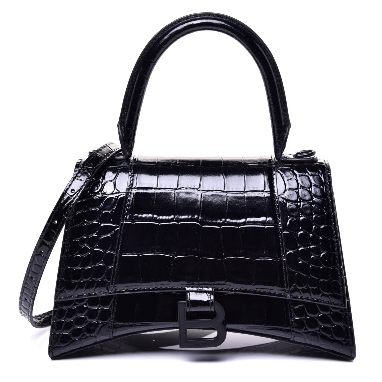 Shiny Calfskin Monochrome Crocodile Embossed Small Hourglass Top Handle Bag Black