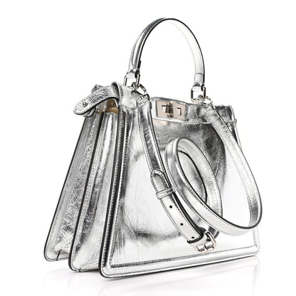 Fendi Rock Millenium Laminata Medium Peekaboo I SEE U Satchel Argento 3 of 9