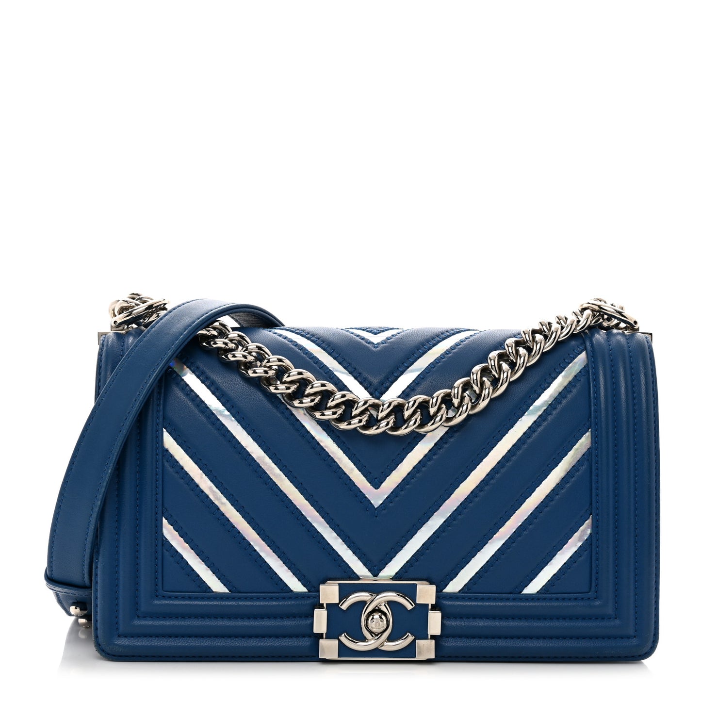Lambskin Iridescent PVC Chevron Quilted Medium Boy Flap Blue Silver