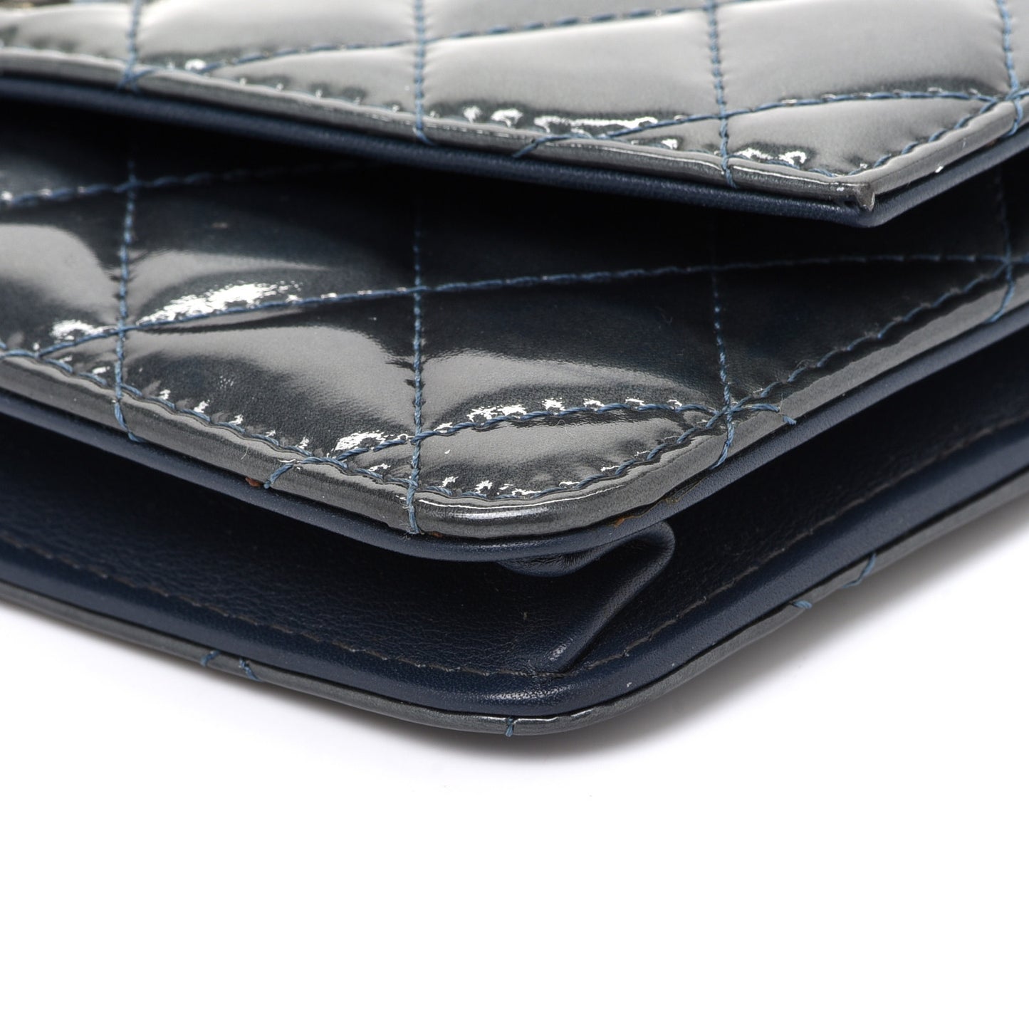 Patent Quilted Brilliant Wallet On Chain WOC Dark Blue
