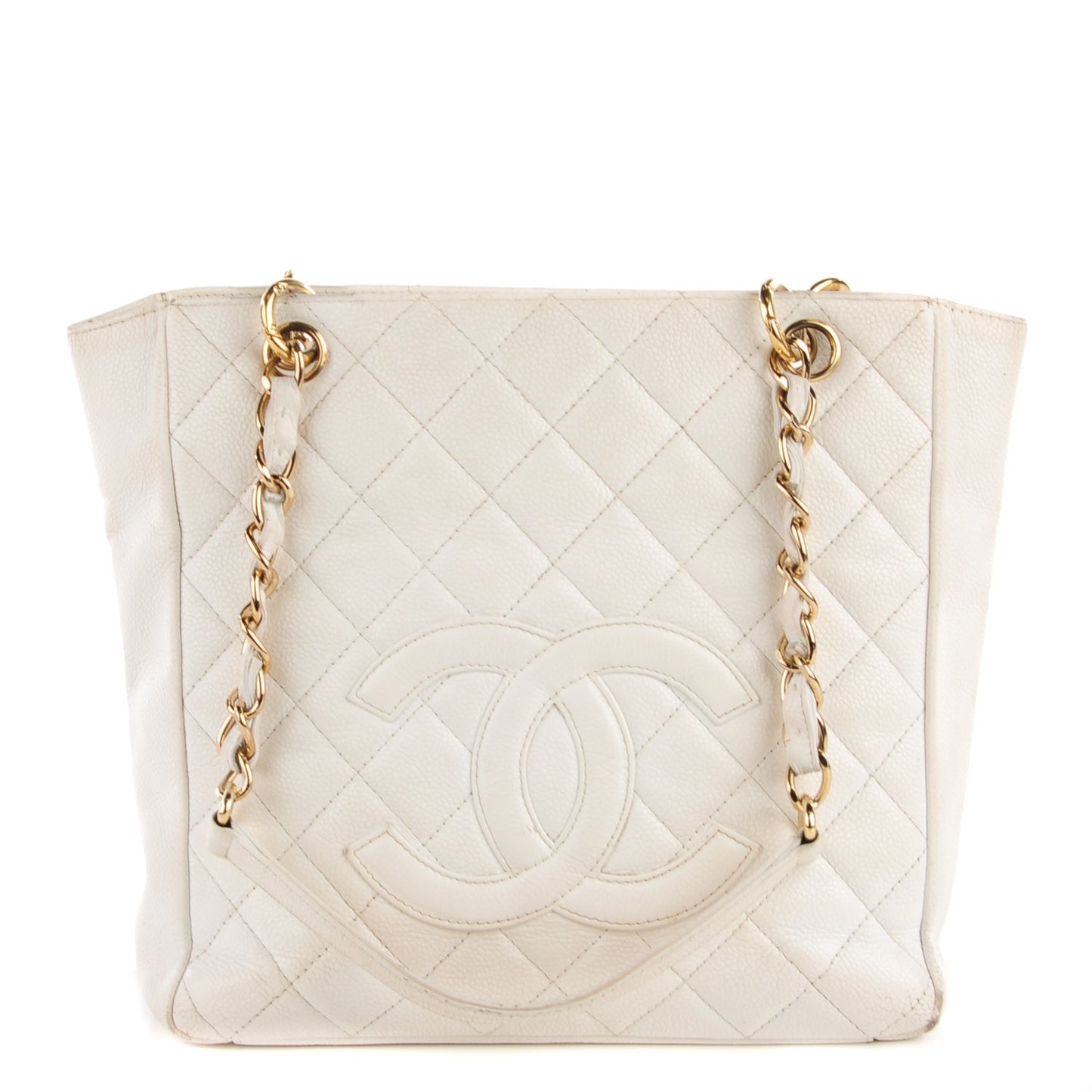Caviar Quilted Petit Shopping Tote PST White