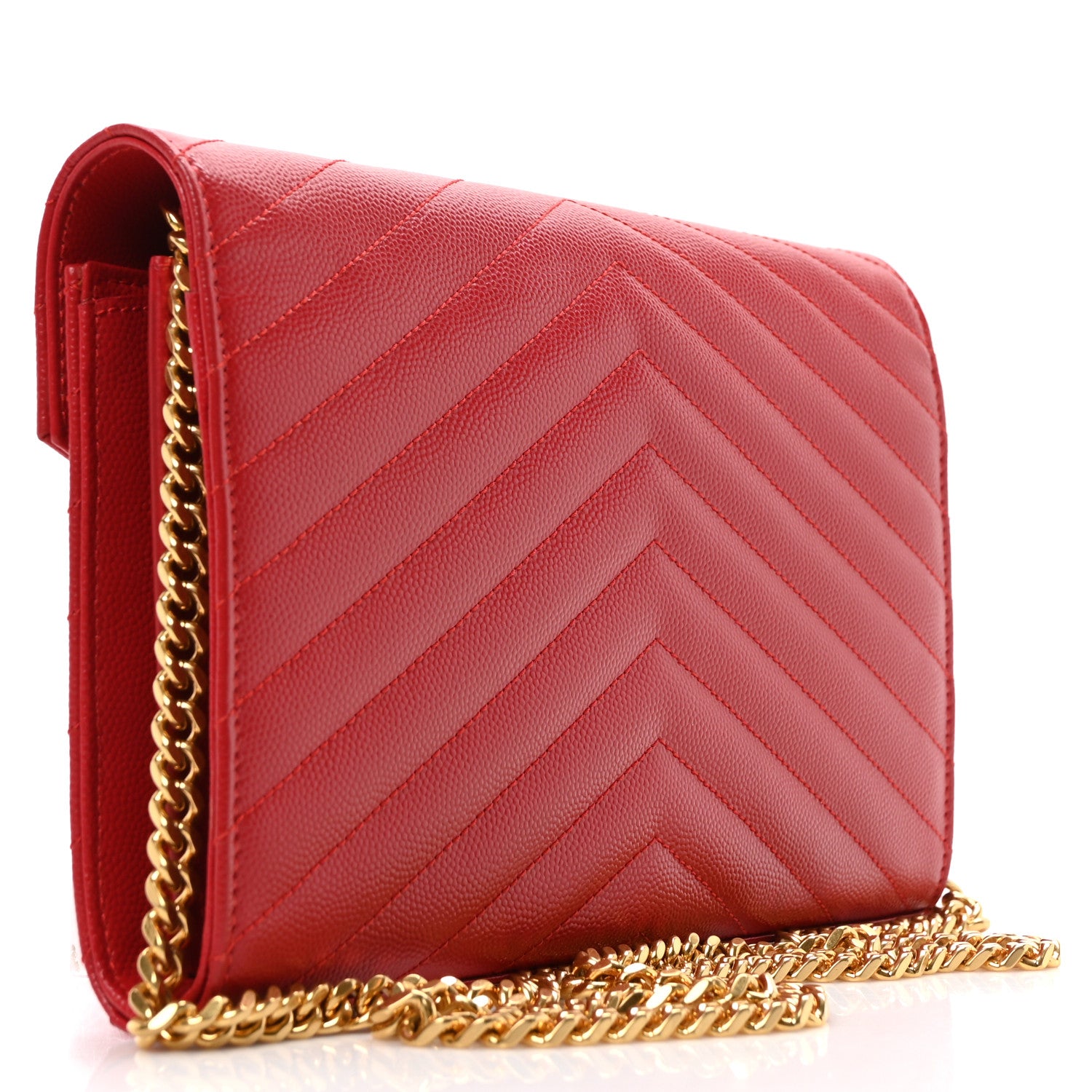 Saint Laurent Grain De Poudre Matelasse Chevron Monogram Chain Wallet Red 3 of 9