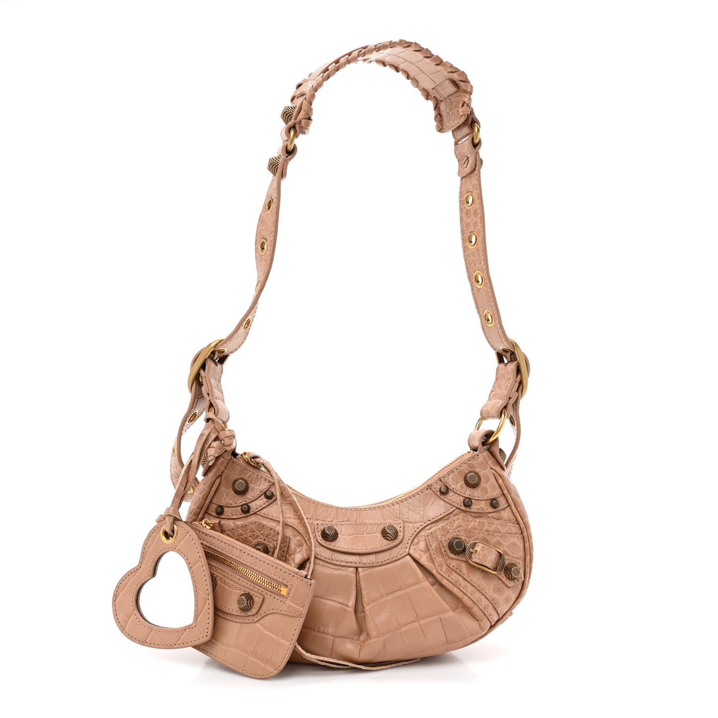 Extra Supple Calfskin Crocodile Embossed Le Cagole Shoulder Bag XS Nude Beige