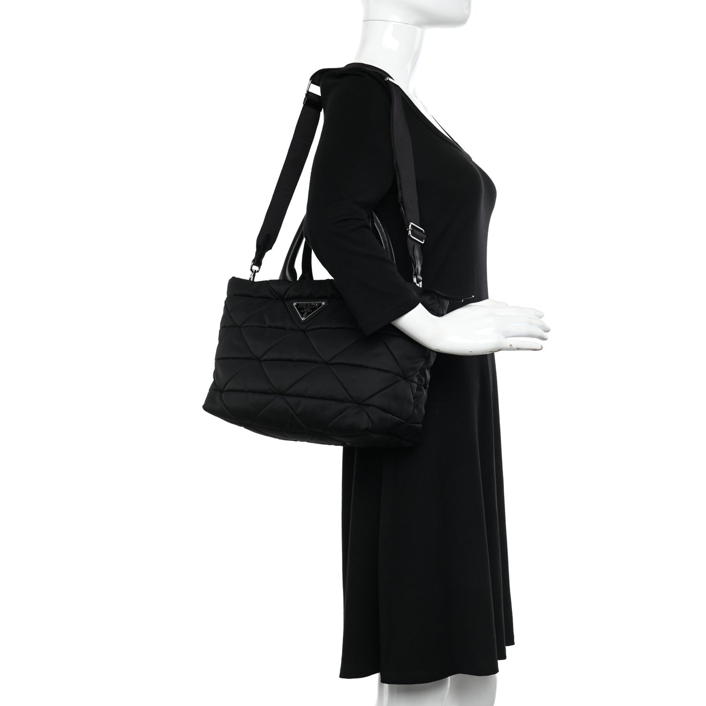 Re-Nylon Nappa Triangle Quilted Padded Small Double Handled Zip Tote Black