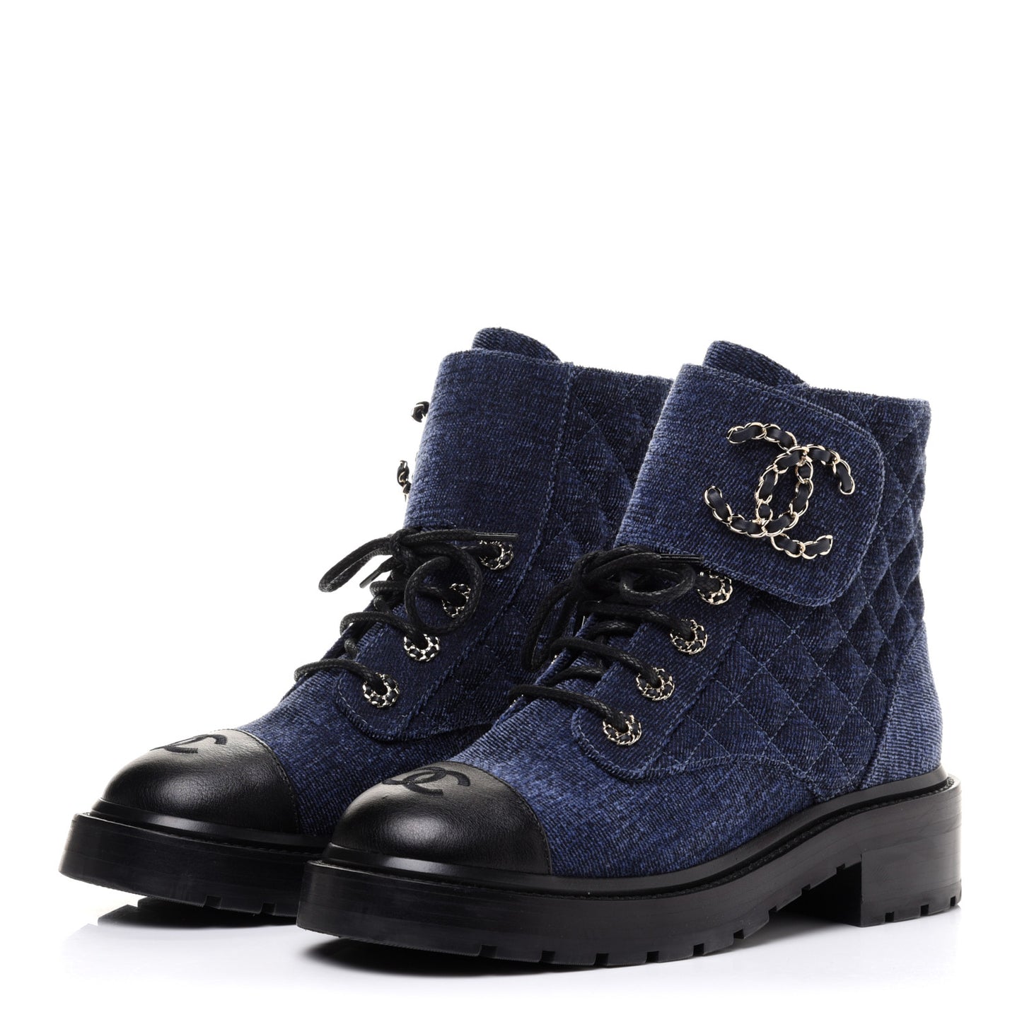Shiny Calfskin Velvet Quilted Lace Up Combat Boots 37 Blue