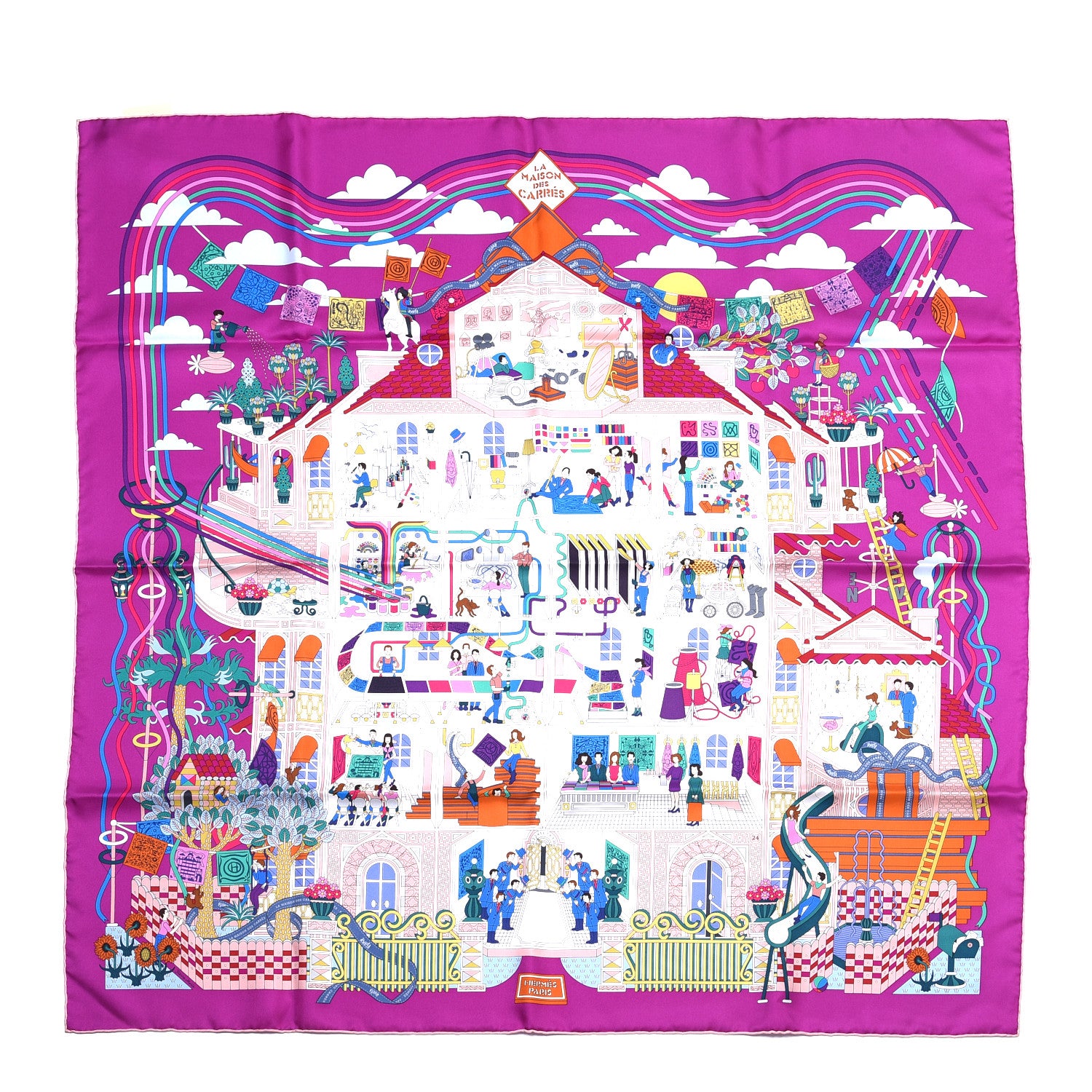 Hermes Silk La Maizeon des Carres Scarf 90 Fuchsia Blanc Multicolore 1 of 5