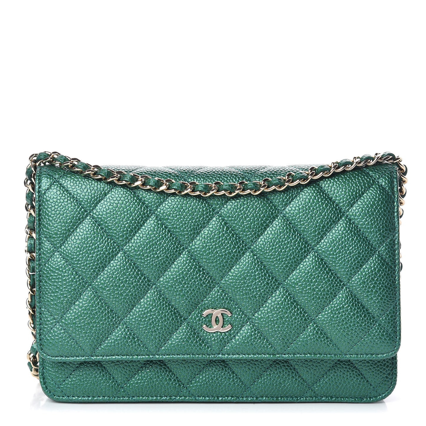 Metallic Caviar Quilted Wallet On Chain WOC Green