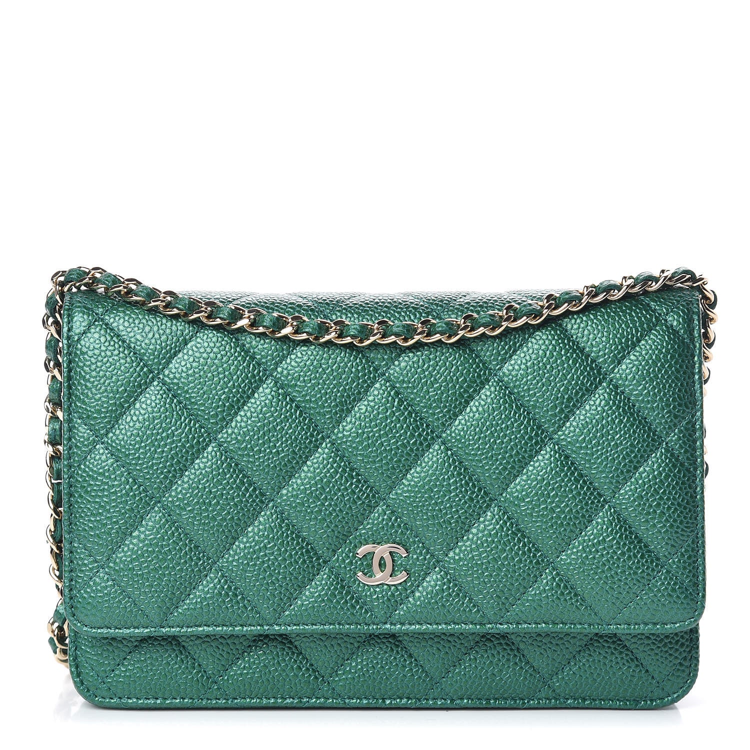 Chanel Metallic Caviar Quilted Wallet On Chain WOC Green 1 of 12