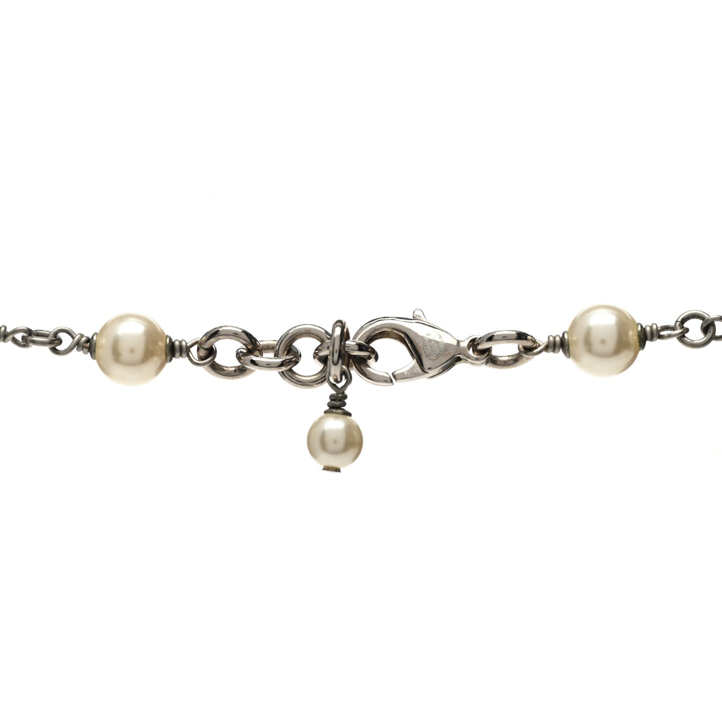 Graduated Pearl Crystal CC Long Necklace Silver