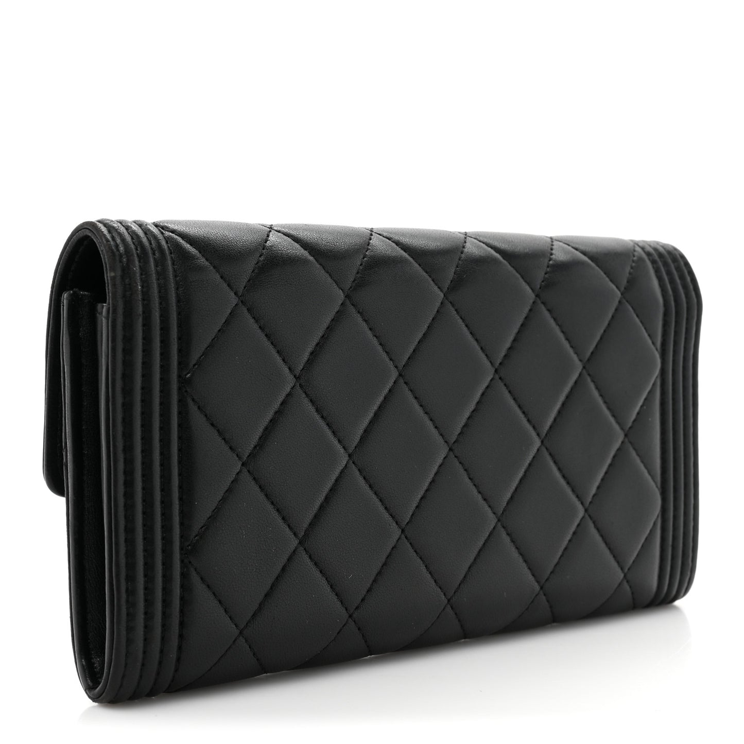 Lambskin Quilted Large Boy Gusset Flap Wallet Black