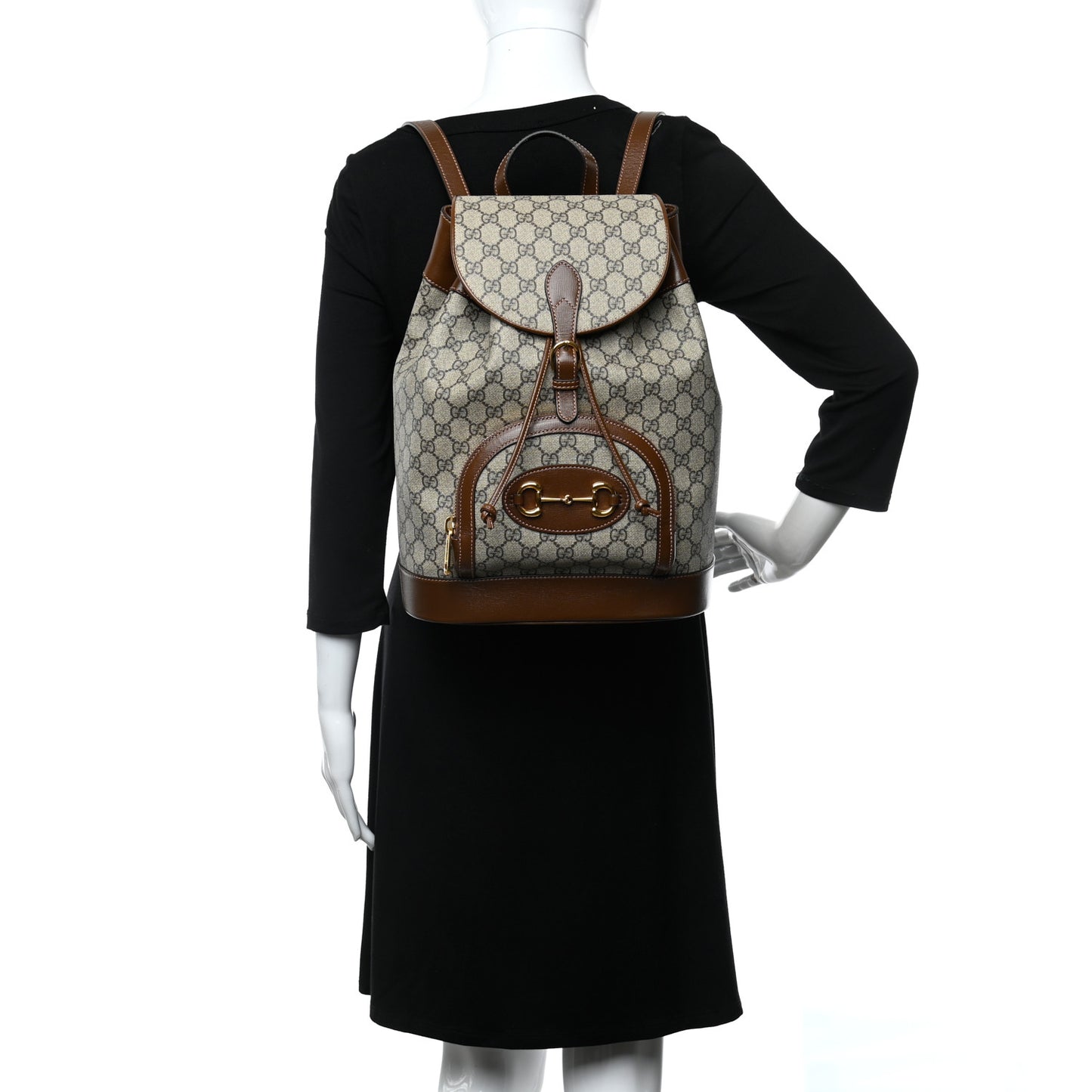 GG Supreme Monogram Calfskin Horsebit 1955 Single Buckle Backpack Beige Brown Sugar