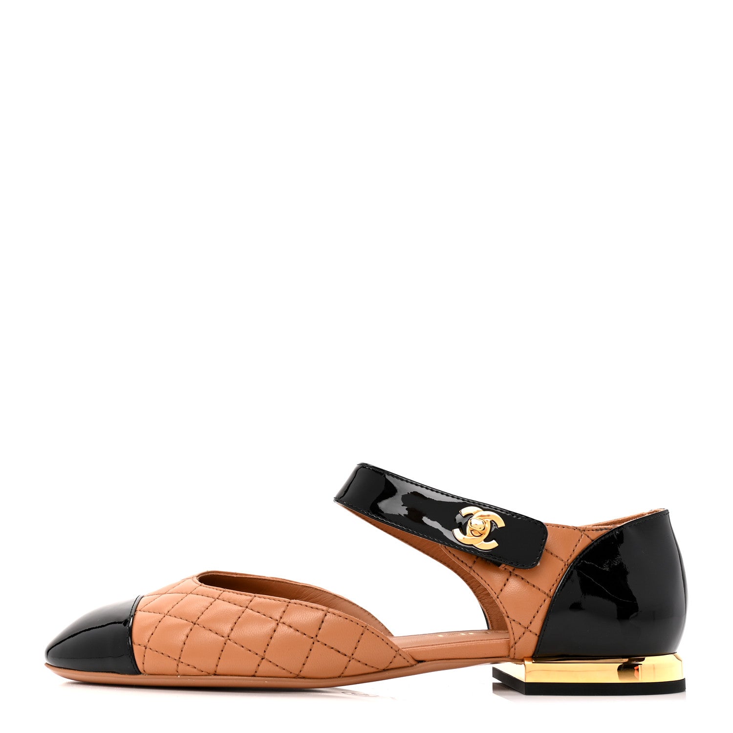 Chanel Patent Lambskin Quilted Cap Toe Ballerina Flats 38.5 Light Brown Black 1 of 10