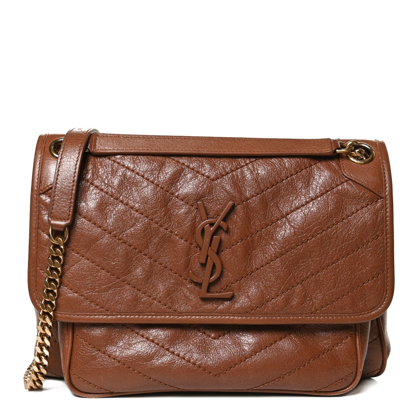 Crinkled Calfskin Matelasse Monogram Medium Niki Chain Satchel Caramel