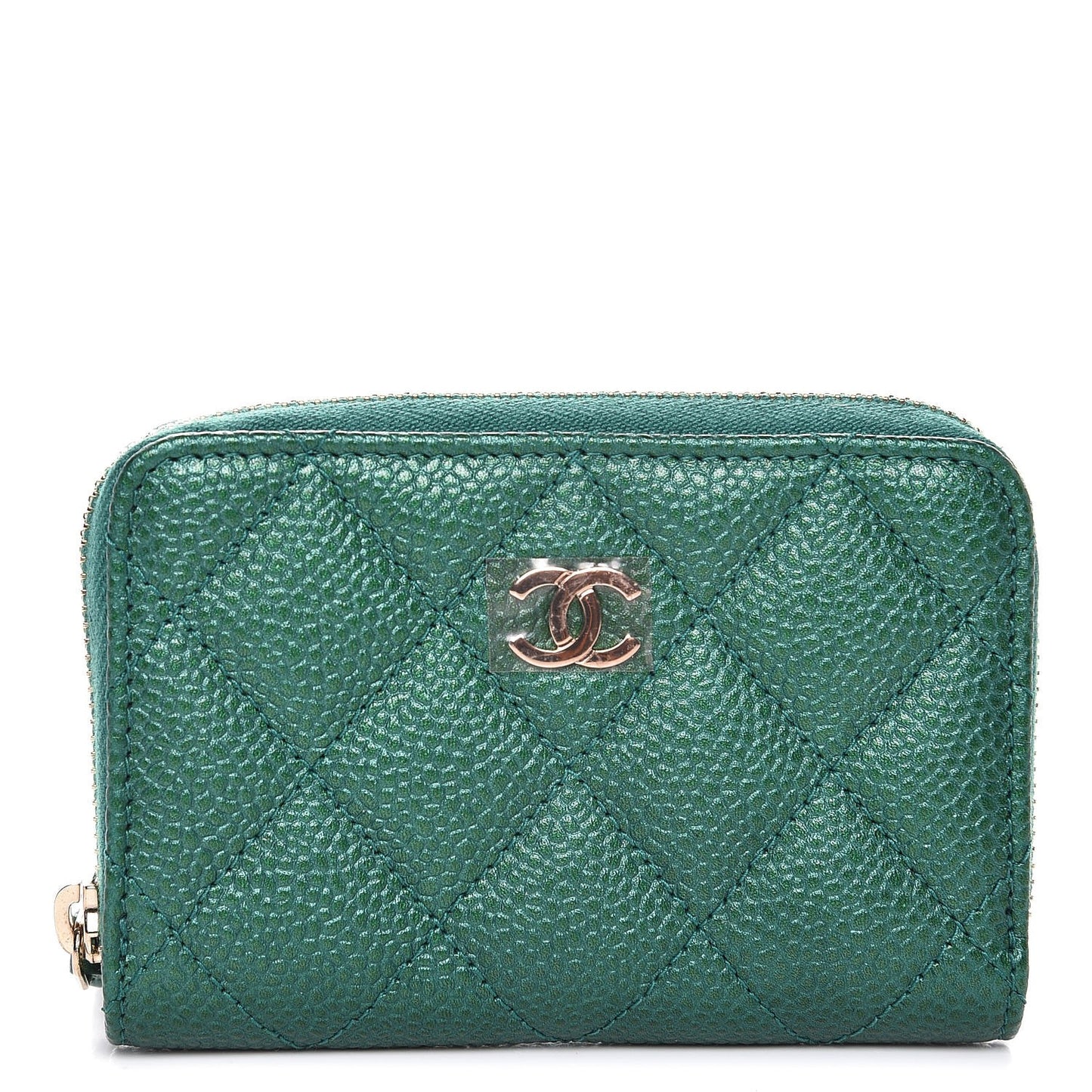 Metallic Caviar Quilted Zip Coin Purse Green