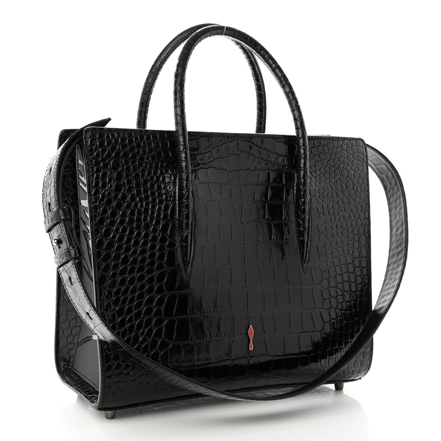 Christian Louboutin Calfskin Crocodile Embossed Studded Medium Paloma S Black 3 of 11