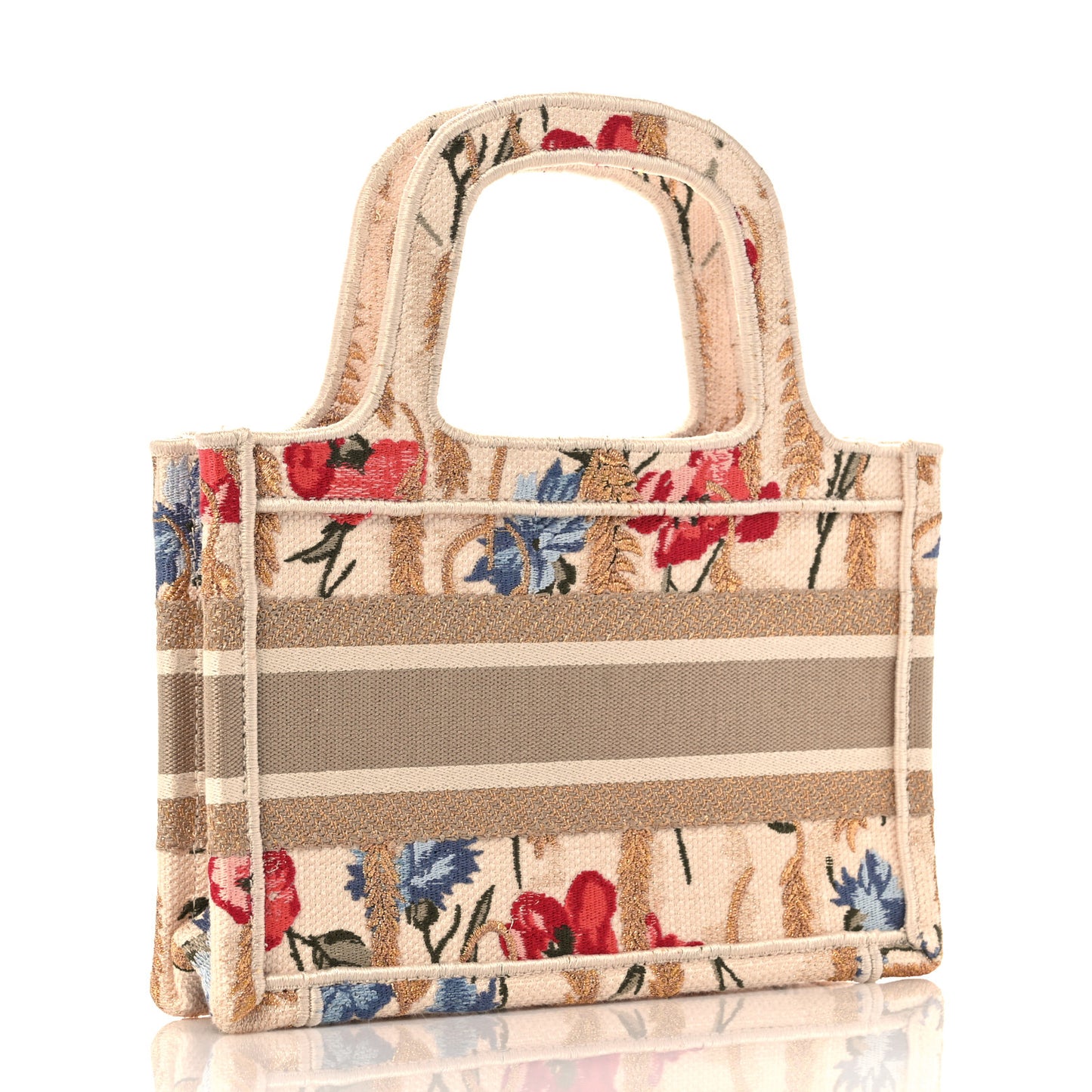 Canvas Embroidered Hibiscus Printed Mini Book Tote Beige Multicolor