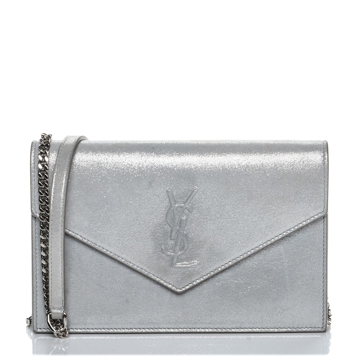 Metallic Fabric Monogram Envelope Chain Wallet Silver
