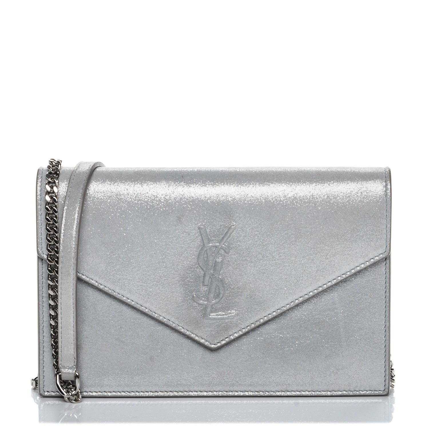 Saint Laurent Metallic Fabric Monogram Envelope Chain Wallet Silver 1 of 7
