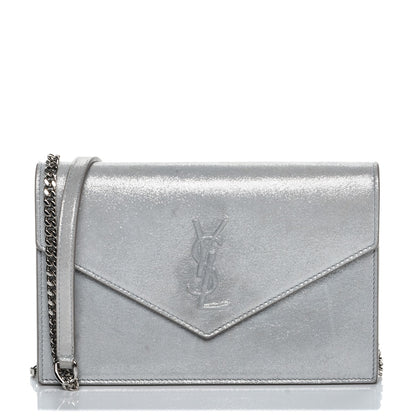 Saint Laurent Metallic Fabric Monogram Envelope Chain Wallet Silver 1 of 7