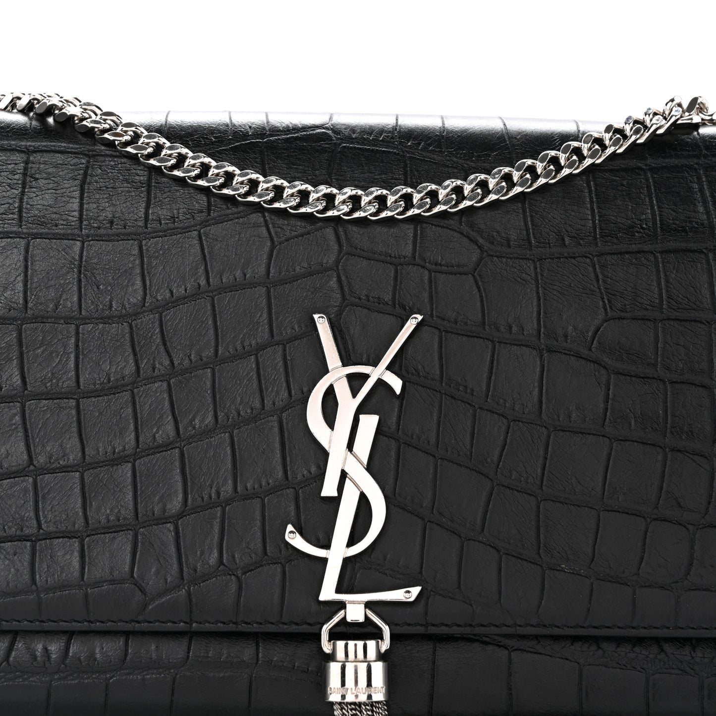Calfskin Crocodile Embossed Medium Classic Monogram Kate Tassel Satchel Black