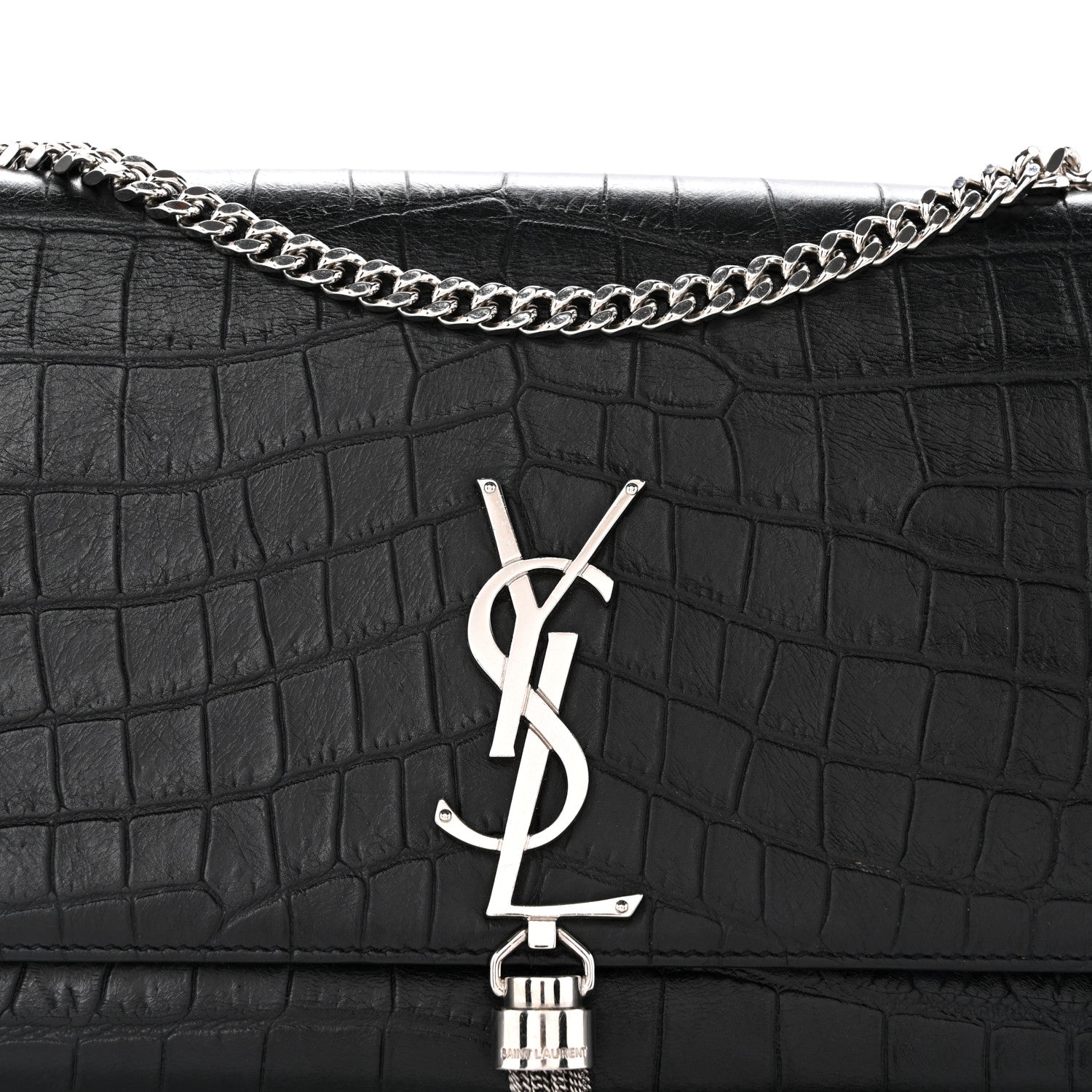 Saint Laurent Calfskin Crocodile Embossed Medium Classic Monogram Kate Tassel Satchel Black 8 of 13