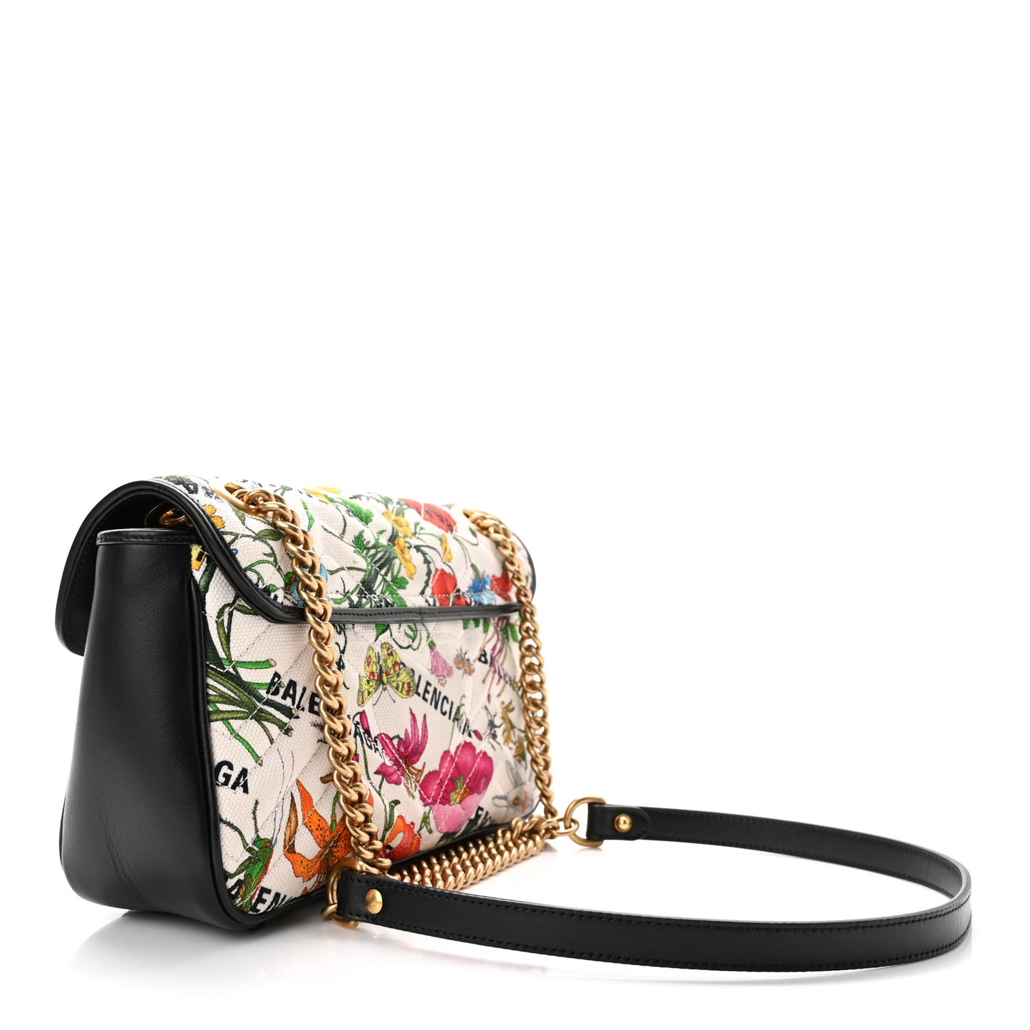 X BALENCIAGA Canvas Flora Logo Print Diagonal Matelasse Small GG Marmont Shoulder Bag White