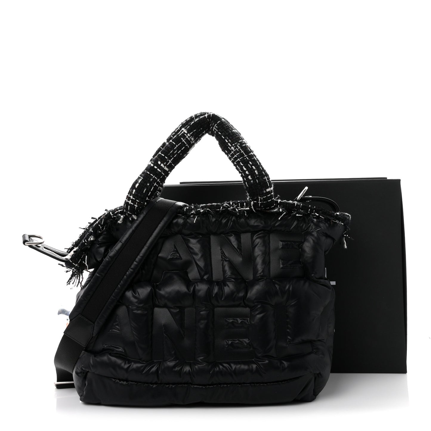 Tweed Nylon Embossed Large Doudoune Bowling Bag Black